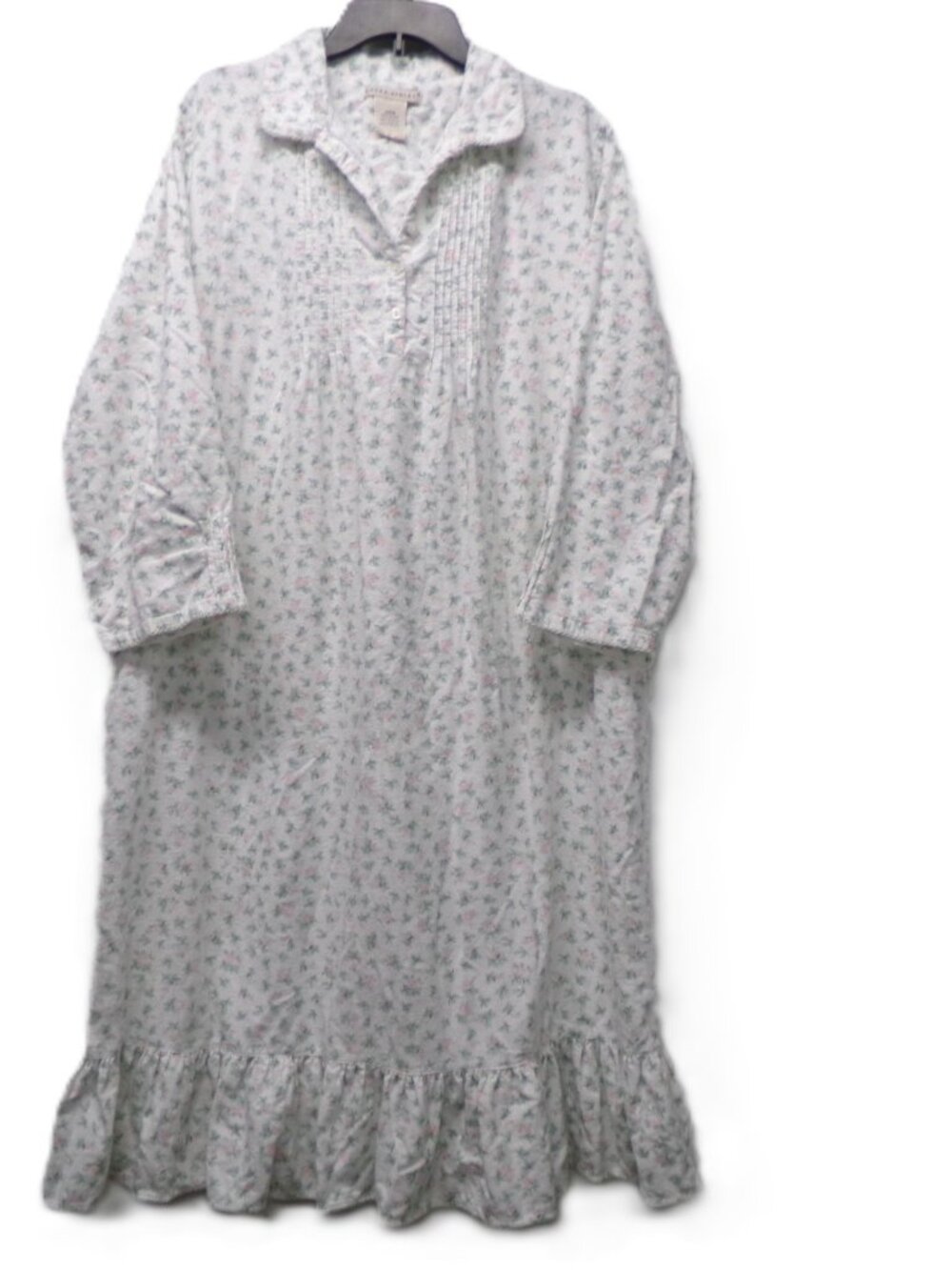 Vtg LAURA ASHLEY Cotton Flannel Pintuck White Pink Rose Floral Long Nightgown M